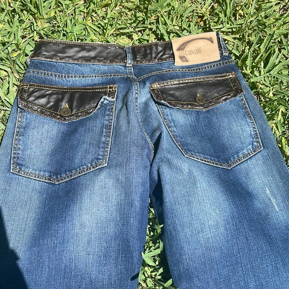 Just Cavalli Dark Brown Leather Trim Jeans